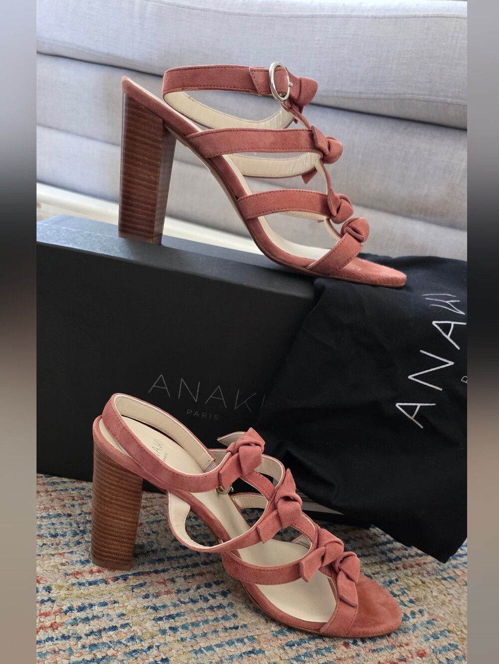 Anaki Dusty Rose Knotted Suede Block Heel Sandals, Anthropolovie, Size 38